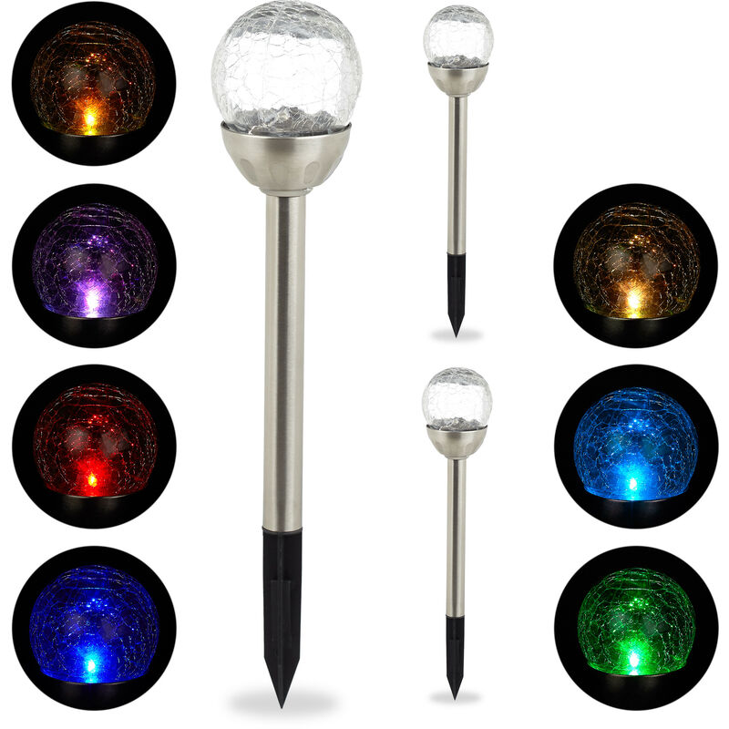 Lampes solaires d'extérieur, lot 3, éclairage boule led jardin, couleurs changeantes, étanche, piquet, argenté - Relaxdays