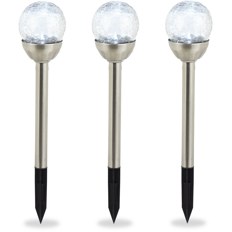 Lampes solaires d'extérieur, lot de 3, éclairage boule led de jardin, lumière blanche, étanche, piquet,argenté - Relaxdays