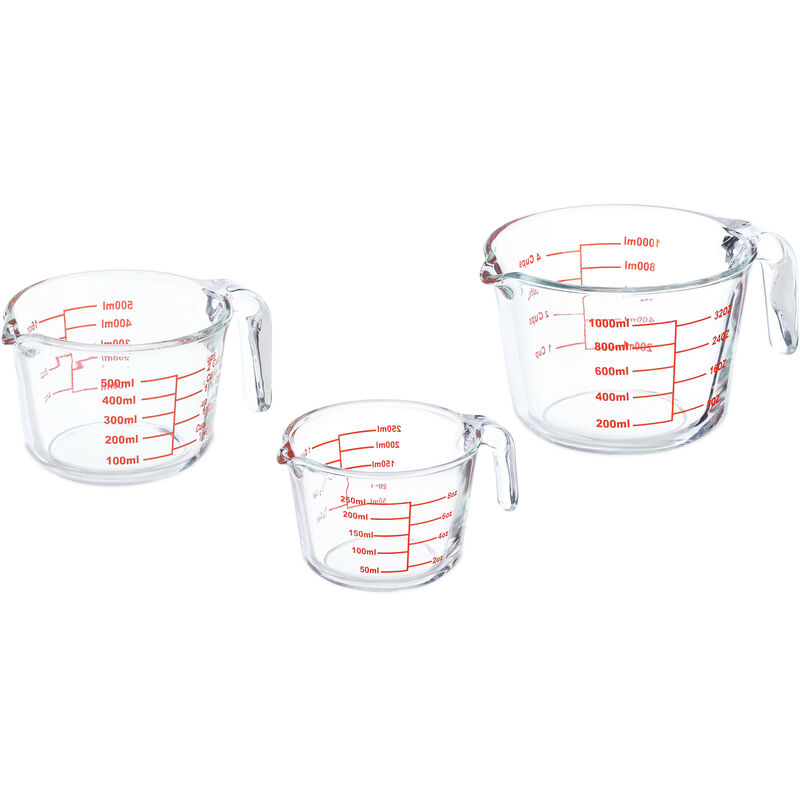 Lot de 3 verres mesureurs, carafe graduée 250 ml, 500 ml, 1 l, résistant chaleur et micro-ondes, transparent - Relaxdays
