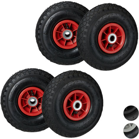 Relaxdays Set de 4 ruedas de carretilla, Neumáticos de 3.00-4, Hasta 80kg, Llanta de plástico, 260x85 mm, negro y rojo