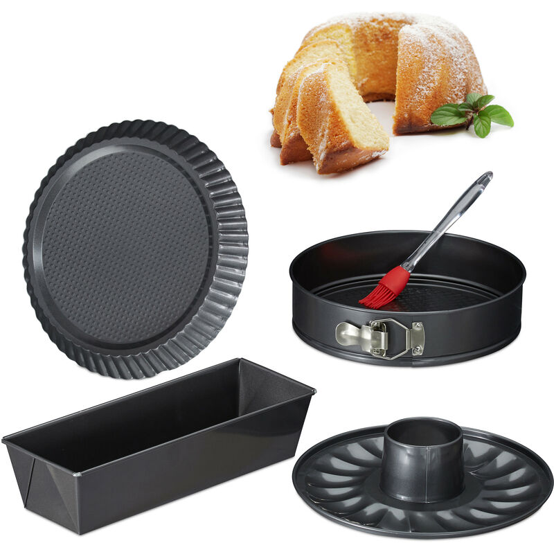 Set de 5 pièces, 4 moules à gâteaux, moule rectangle, à charnières, kouglof, à tarte, pinceau, anthracite - Relaxdays