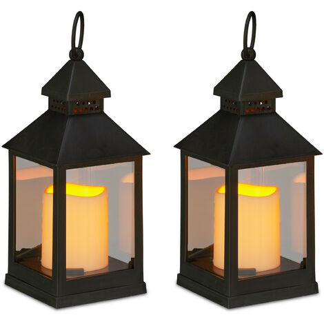   Set de cuatro faroles LED de jardín, Vela con efecto de llamas, Iluminación de exterior, Colgante o de pie, 23 cm, Negro