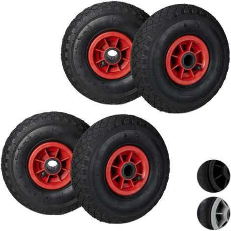   Set de cuatro ruedas de carretilla, 3.00-4, Neumático goma, Llanta plástico, Eje 25 mm, 260x85 mm, Negro-rojo