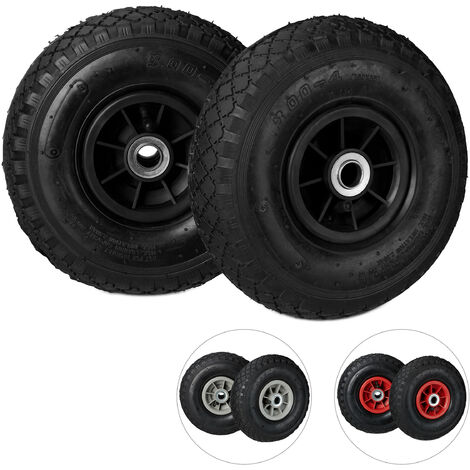 Relaxdays Set de dos ruedas de carretilla, Neumáticos de 3.00-4, Hasta 80kg, Llanta de plástico, 260x85 mm, Negro