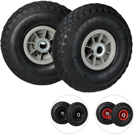 Relaxdays Set de dos ruedas de carretilla, Neumáticos de 3.00-4, Hasta 80kg, Llanta de plástico, 260x85 mm, Negro y gris