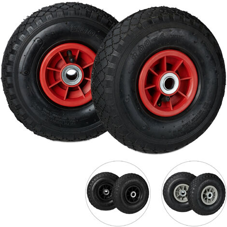 Relaxdays Set de dos ruedas de carretilla, Neumáticos de 3.00-4, Hasta 80kg, Llanta de plástico, 260x85 mm, Negro y rojo