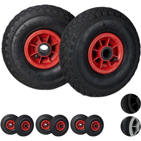   Set de ocho ruedas de carretilla, 3.00-4, Neumático goma, Llanta plástico, Eje 25 mm, 260x85 mm, Negro-rojo