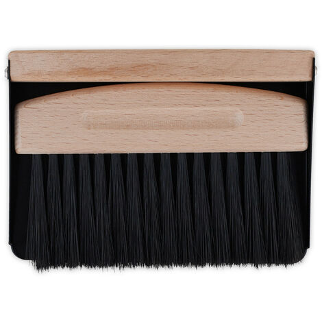 Relaxdays Set Escoba Mesa con Recogedor, Recogemigas Encimera, Barredor Escritorio, Madera Haya/Metal, Negro/Natural
