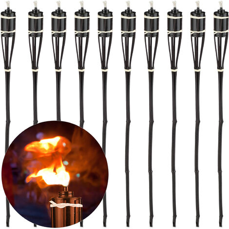 Relaxdays Set Of 10 Garden Oil Torches, Height 90cm, Replacable Wicks, Bamboo & Iron, Outdoor Party Flares, Dark Brown