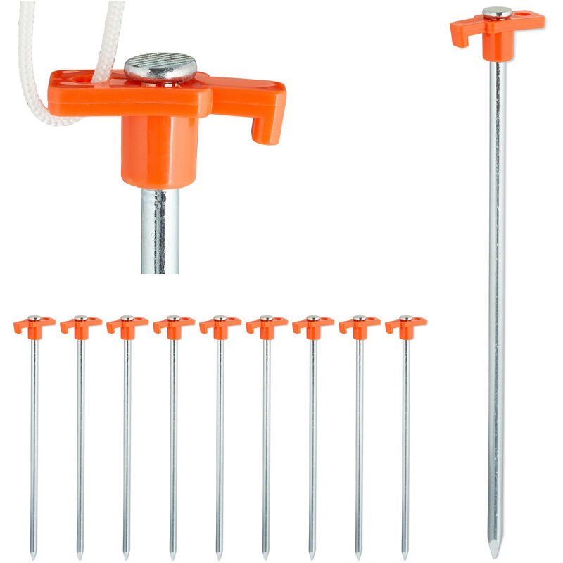 Set of 10 Heavy Duty Tent Pegs, Hard Ground Anchors, 25 cm, Steel Ground Stakes, Galvanized Steel, Orange - Relaxdays