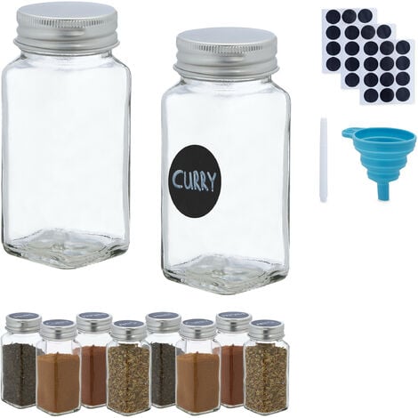 24 Pcs Glass Spice Jars with Spice & Pantry labels - 4oz Empty Square Spice Containers  Bottles Shaker Lids and Airtight Metal Caps - Measuring Spoons Set and  Silicone Funnel Included