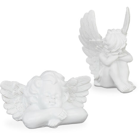 Relaxdays Set of 2 Angel Sculptures, Graceful, Weatherproof, Grave Decoration, 6 x 12.5 x 7.5cm, Artificial Stone, White