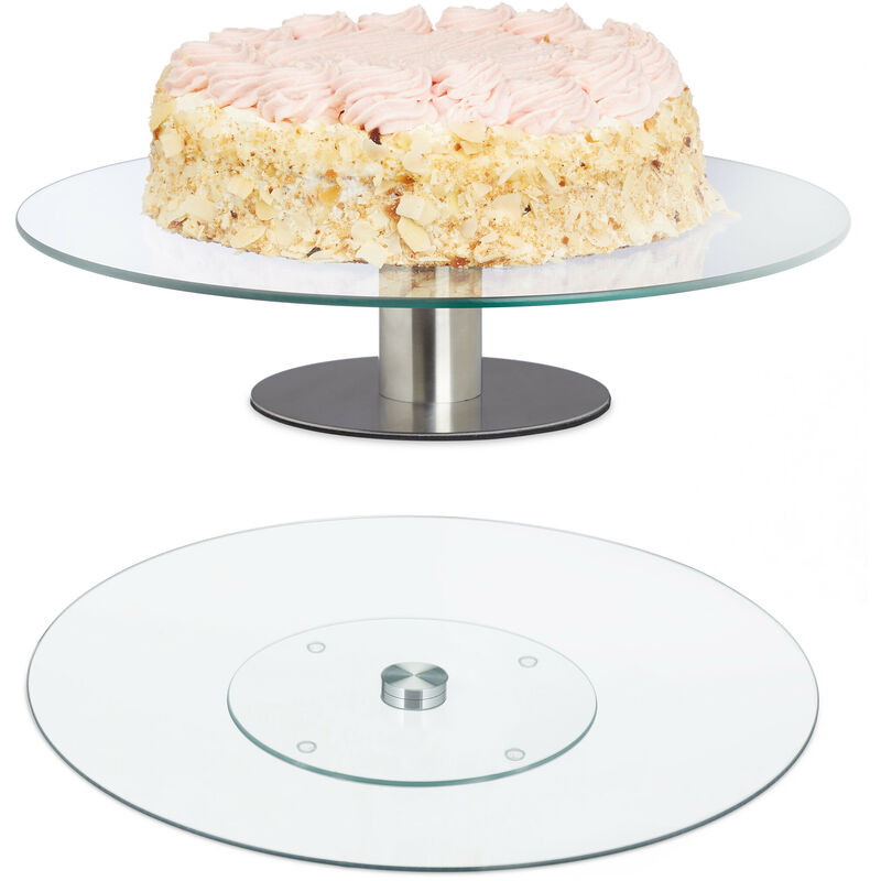 Set of 2 Cake Plates, With & Without Stand, Rotatable, 7x30cm, Round Pastry Display, Glass, Transparent/Silver - Relaxdays