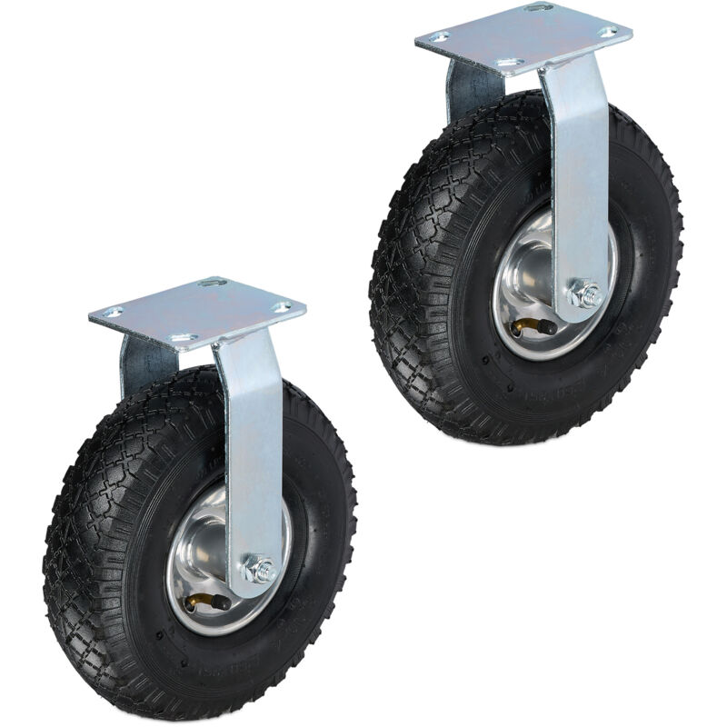 Relaxdays Pneumatic Fixed Castor, 3.00-4, Load 120 Kg, Rubber, Steel Plate, Air-filled, Heavy-duty Wheel, Black/silver