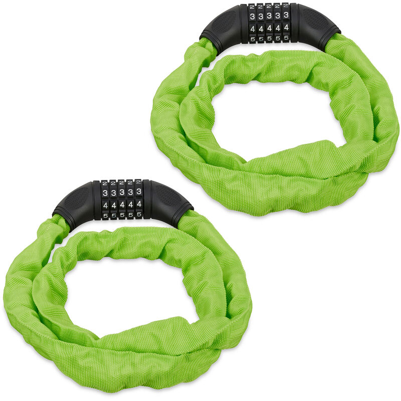 Relaxdays - Set of 2 Combination Locks For Bikes, 5 Digit Code & Chain, Bicycle Security, Steel, Green