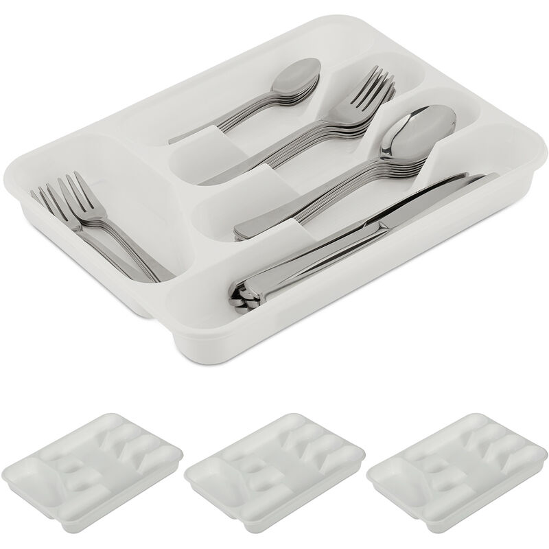 Relaxdays Cutlery Tray, for Drawers, Set of 4, HxWxD: 4 x 24.5 x 32.5 cm, 5 Compartments, Plastic Storage Box, white