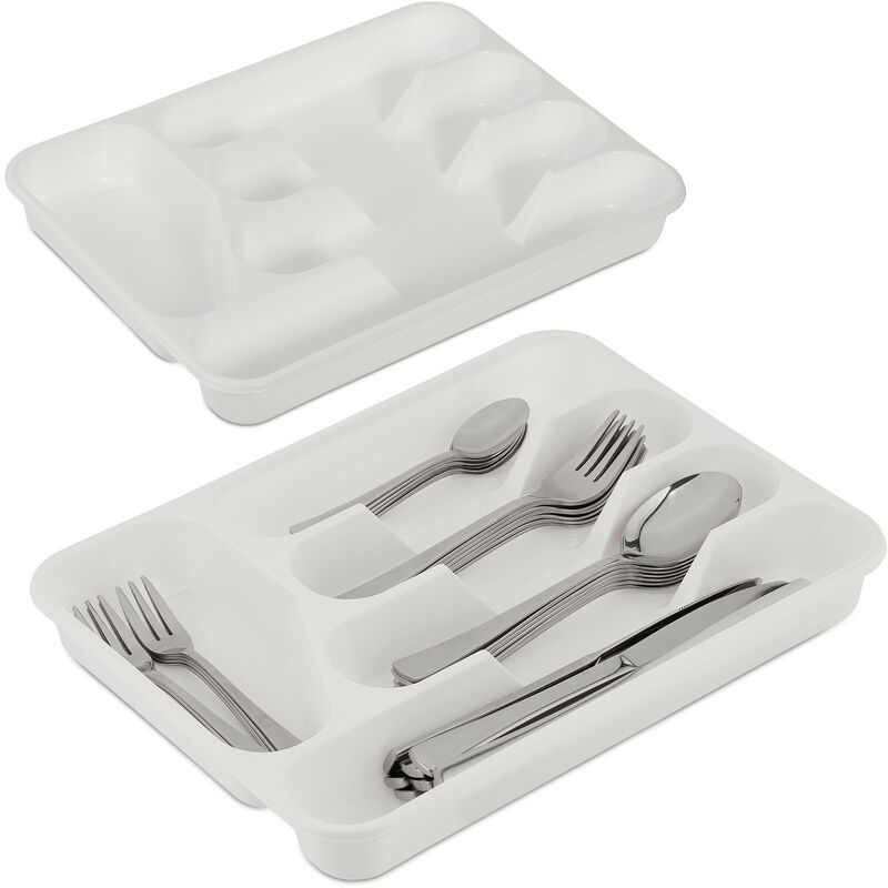 Relaxdays Set of 2 Cutlery Trays, 4 x 24.5 x 32.5 cm, 5 Compartments, Organiser, Kitchen Drawer Insert, Plastic, White