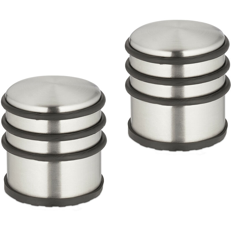 Relaxdays Set of 2 Door Bumpers, Stainless Steel, HxØ: 7.5 x 7 cm, High & Heavy, Non-slip, Slamming Brakes, Silver/Black