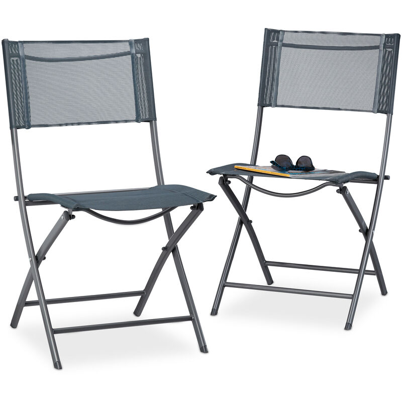 Set of 2 Folding Balcony Chairs, Metal, Plastic, Garden Chairs, HxWxD: 87 x 55 x 48 cm, Foldable, Grey - Relaxdays