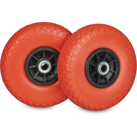 Relaxdays Set of 2 Hand Truck Tyres, 3.00-4”, 260 x 85 mm, Puncture-Proof Solid Rubber Wheels, 20 mm Axle, Red/Black