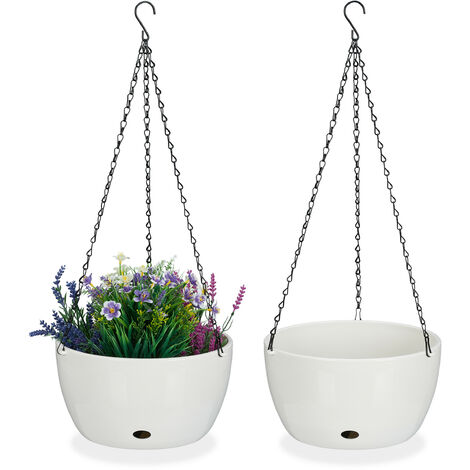 Relaxdays Set of 2 Hanging Baskets with Water Reservoir, HxØ: 67 x 28.5 cm, Out- & Indoor, Suspended Pot, Plastic, White