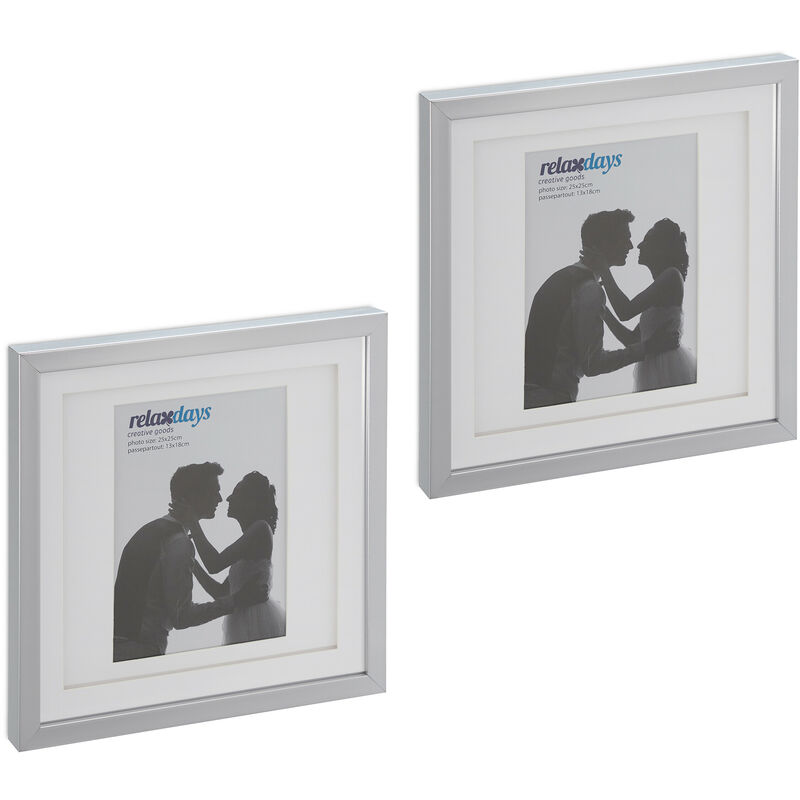 Relaxdays Set Of 2 Picture Frames, 25 X 25 Cm, Square Format, Tabletop Or Hanging Photo Holder, Passepartout, Silver