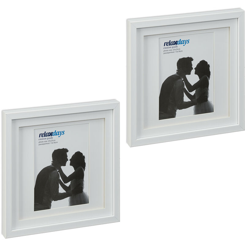 Relaxdays Set Of 2 Picture Frames, 25 X 25 Cm, Square Format, Tabletop Or Hanging Photo Holder, Passepartout, White