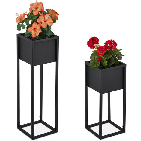 Relaxdays Set of 2 Plant Stands, Metal, 2 Sizes, with Frame, for Living Room & Hallway, Square Plant Pot Holder, Black