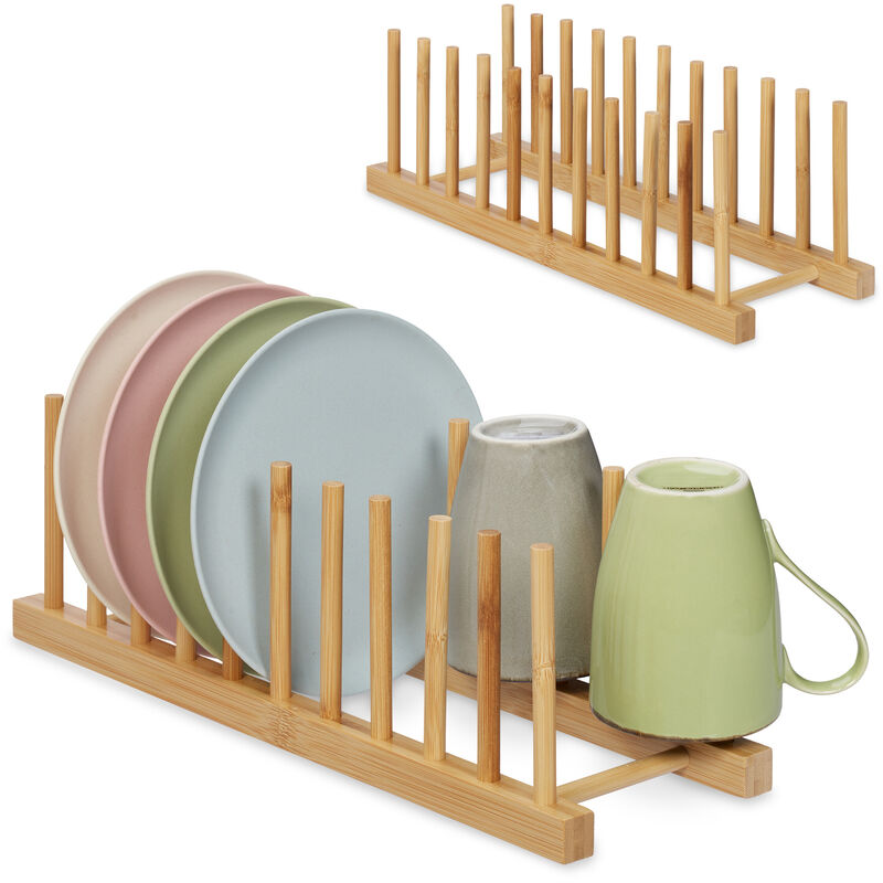 Relaxdays Set of 2 Plate Racks, for 10 Dishes Each, Pan Lid & Chopping Board Holder, Dish Drainer Stand, Bamboo, Natural