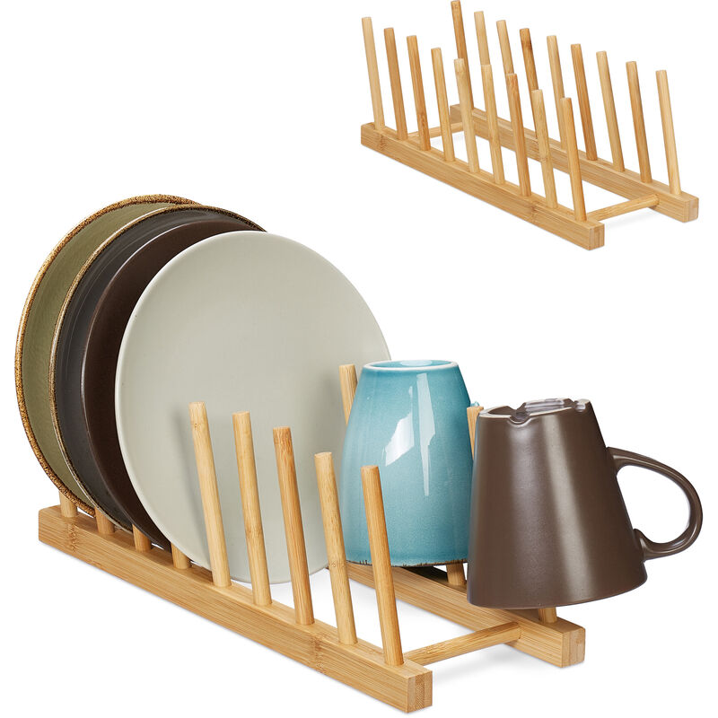 Set of 2 Plate Racks, for 8 Dishes Each, Pan Lid & Chopping Board Holder, Dish Drainer Stand, Bamboo, Natural - Relaxdays