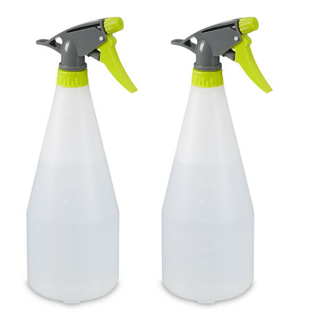 Relaxdays Set of 2 Spray Bottles, 1 Litre, Refillable, Nozzle with Mist & Stream, with Scale, Plastic, White
