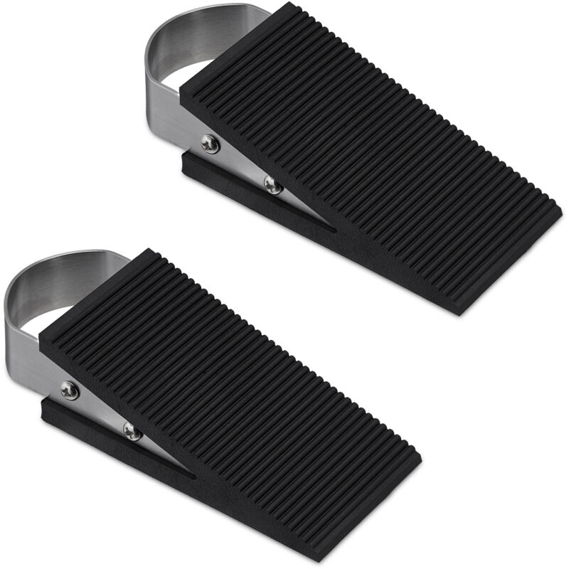 Relaxdays - 4x Rubber Doorstop, Set of 4, Non-slip Door Wedge, Plastic & Stainless Steel, HxWxD: 3 x 5 x 12 cm, Black/Silver