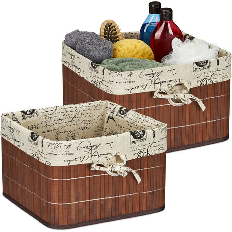 Relaxdays Set of 2 Storage Baskets, Bamboo & Polyester, 20 x 31 x 31 cm, with Handle Hole, Fabric Lining, Brown/Cream