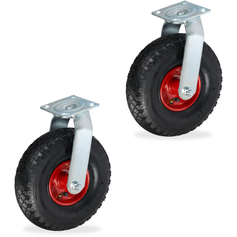 Relaxdays Set of 2 Swivel Castors, Pneumatic Tyres, 3.00-4, Heavy-Duty Wheels, Screw-On Plate, Max. 240 kg, Black/Silver