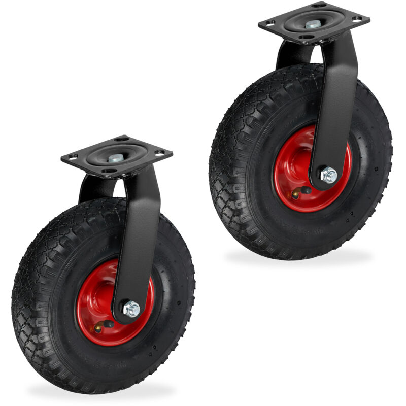 Relaxdays Swivel Castor Set of 2, Pneumatic Tyres 3.00-4, Heavy-Duty, Mounting Plate, 120 kg, Black-Red