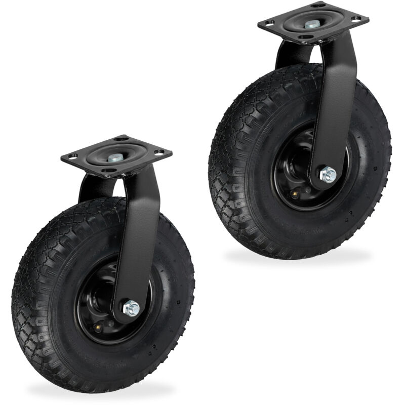 Relaxdays Castor Wheel Set of 2, Pneumatic Tyres 3.00-4, Heavy-Duty, Bolt-on Plate, up to 120 kg, Black