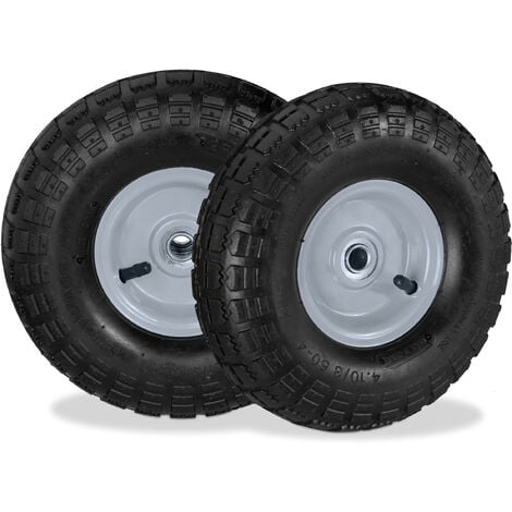 Relaxdays Set of 2 Wheelbarrow Tyres, 4.1/3.5-4, Pneumatic Spare Wheel, 16 mm Axle, max. 136 kg, Steel Rim. Black/Grey