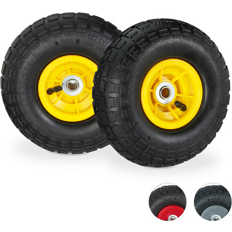Relaxdays Set of 2 Wheelbarrow Tyres, 4.1/3.5-4, Pneumatic Spare Wheel, 16 mm Axle, Supports up to 136 kg, Black/Yellow