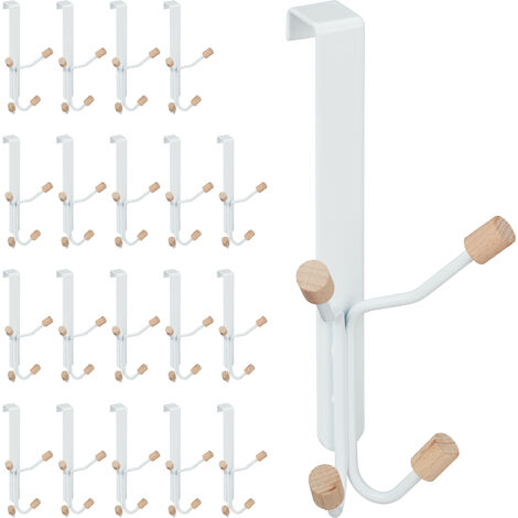 Relaxdays Set of 20 Door Fourfold Hooks, Scandinavian, Iron & Wood, Hanging Coat Rack HWD: 19 x 9 x 8 cm, White/Natural