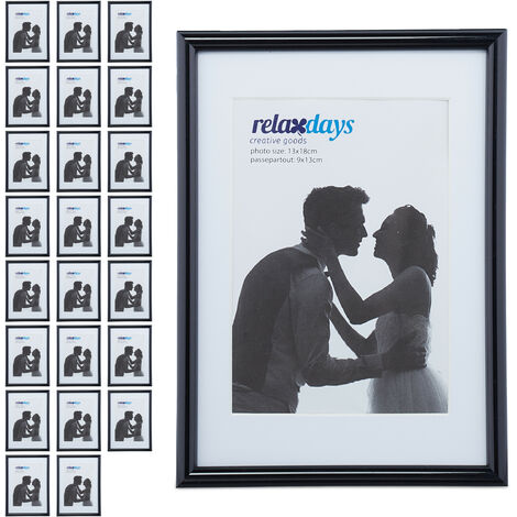 Relaxdays Set of 24 Photo Frames, 13 x 18 cm, Passepartout 9 x 13 cm, Standing or Hanging, Glass Front, Black