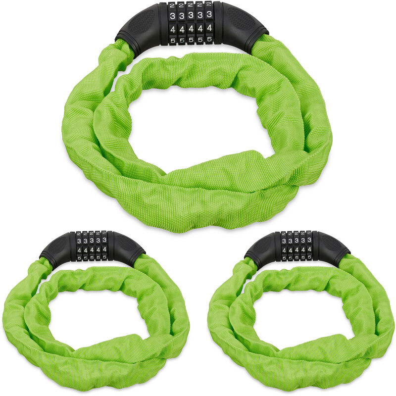 Set of 3 Combination Locks For Bikes, 5 Digit Code & Chain, Bicycle Security, Steel, Green - Relaxdays