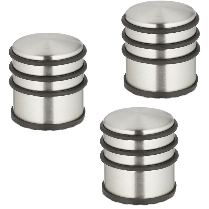 Relaxdays Set of 3 Door Bumpers, Stainless Steel, HxØ: 7.5 x 7 cm, High & Heavy, Non-slip, Slamming Brakes, Silver/Black