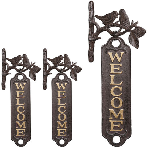 Relaxdays Set of 3 Door Welcome Signs, Birds, Cast Iron Greeting Plaque, Vintage Garden Wall Décor, 39.5 cm, Brown/Gold