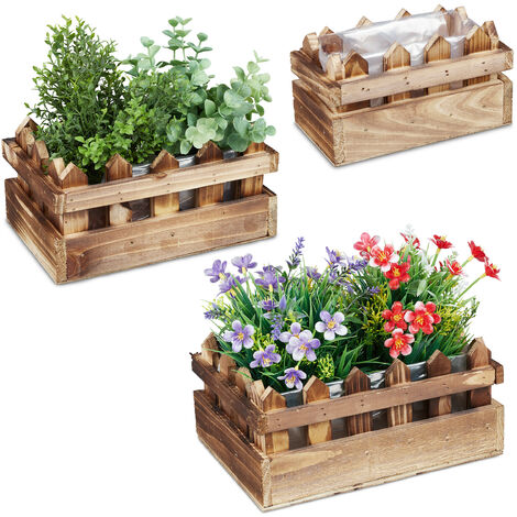 Relaxdays Set of 3 Flowerpots, Various Sizes, Decoration for Garden and Terrace, Fenced Look, Flamed Fir Wood, Natural