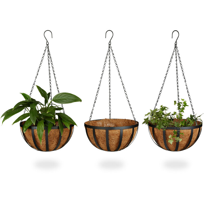 Set of 3 Hanging Flower Baskets, Coconut, 21 Litre Volume, with Chain, 30 cm Diameter, as Hanging Planters, Brown - Relaxdays