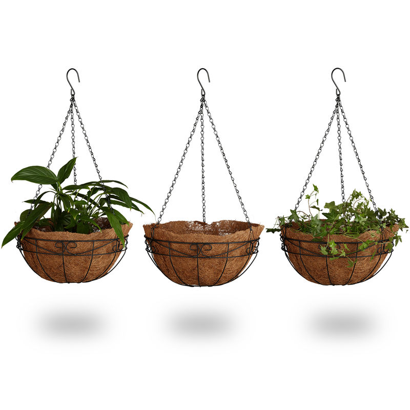 Set of 3 Hanging Flower Baskets, Coconut, 33 Litre Volume, with Chain, 35 cm Diameter, as Hanging Planters, Brown - Relaxdays