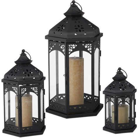 main image of "Relaxdays Set Of 3 Lanterns, Decorative In- & Outdoor Lanterns, 3 Sizes, Vintage, Retro Lantern For Candles, Black"