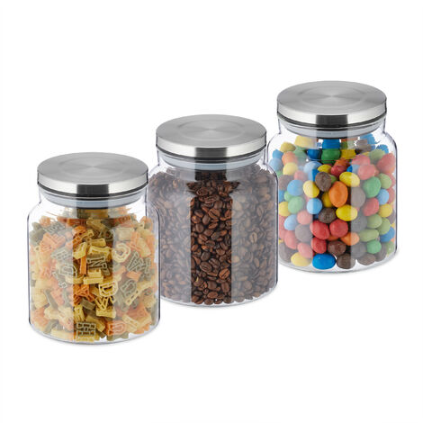 Relaxdays Set of 3 Storage Jars, 1100ml, Steel Airtight Lids, Dry Food Storage, Glass, HxD: 14x12cm, Transparent/Silver