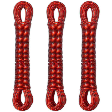 Relaxdays Set of 3 Washing Lines, 20 m Long, Laundry Cord with Steel Core, PVC, Extra Strong, Indoors & Outdoors, Red