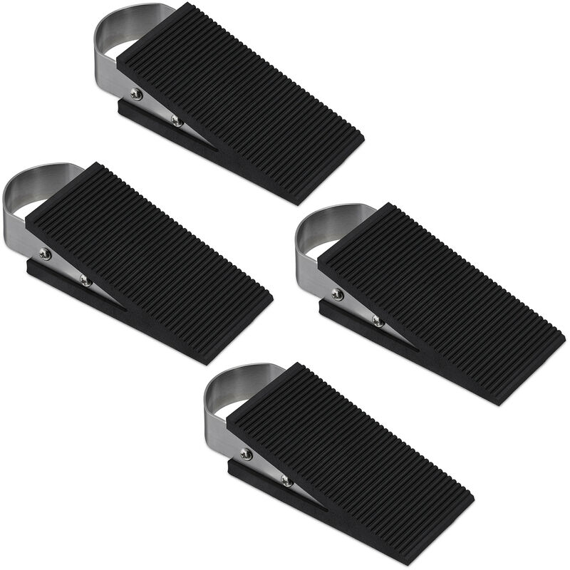 Relaxdays Set Of 4 Door Wedges, Doorstop, Non-slip, No Slamming, Hwd, 3 X 5 X 12.5 Cm, Rubber & Stainless Steel, Black